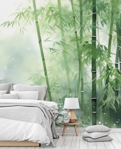 donkergroene en witte op maat gemaakte bamboebehangmuurschildering genaamd Bamboo Watercolour voor slaapkamers, thuiskantoren en meer donkergroene en witte op maat gemaakte bamboebehangmuurschildering genaamd Bamboo Watercolour voor slaapkamers, thuiskantoren en meer