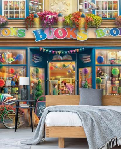 colorful custom bygone era wallpaper mural called Books Books Books by Eduard for care homes and libraries
