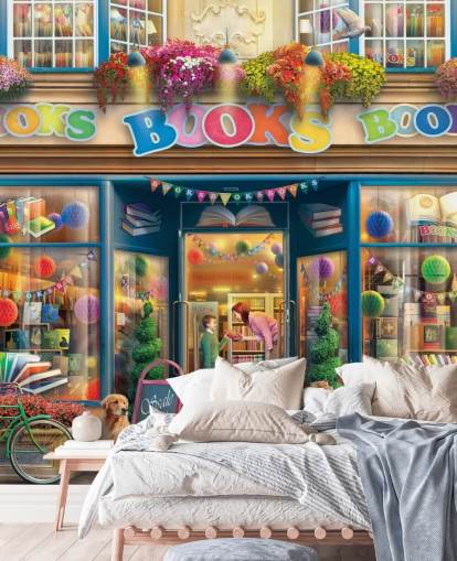 colorful custom bygone era wallpaper mural called Books Books Books by Eduard for care homes and libraries colorful custom bygone era wallpaper mural called Books Books Books by Eduard for care homes and libraries