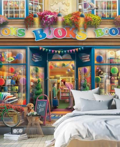 colourful custom bygone era wallpaper mural called Books Books Books by Eduard for care homes and libraries