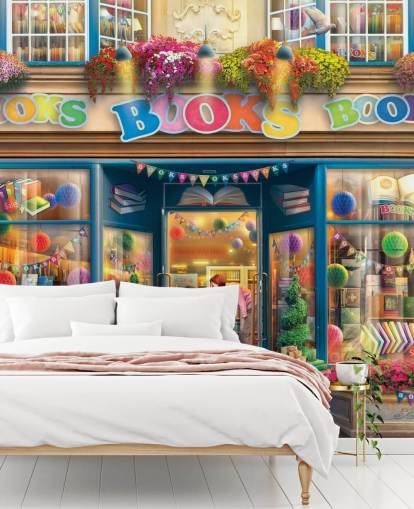 colourful custom bygone era wallpaper mural called Books Books Books by Eduard for care homes and libraries