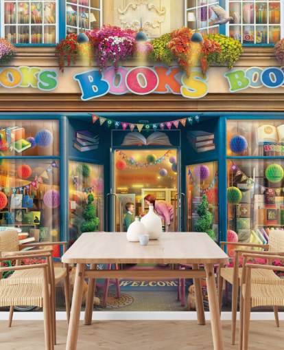 colorful custom bygone era wallpaper mural called Books Books Books by Eduard for care homes and libraries