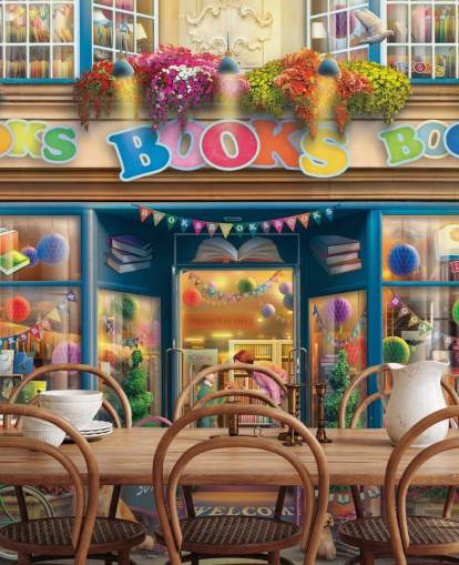 colourful custom bygone era wallpaper mural called Books Books Books by Eduard for care homes and libraries