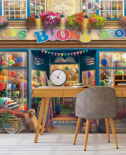 kleurrijke op maat gemaakte behangmuurschildering uit vervlogen tijden genaamd Books Books Books van Eduard voor verzorgingstehuizen en bibliotheken