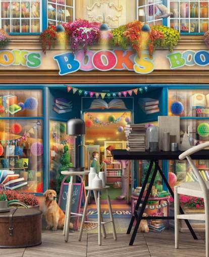 colorful custom bygone era wallpaper mural called Books Books Books by Eduard for care homes and libraries