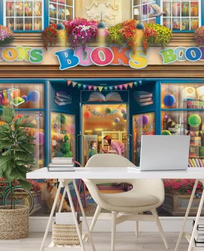 colourful custom bygone era wallpaper mural called Books Books Books by Eduard for care homes and libraries