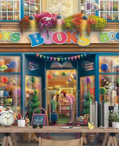 colorful custom bygone era wallpaper mural called Books Books Books by Eduard for care homes and libraries