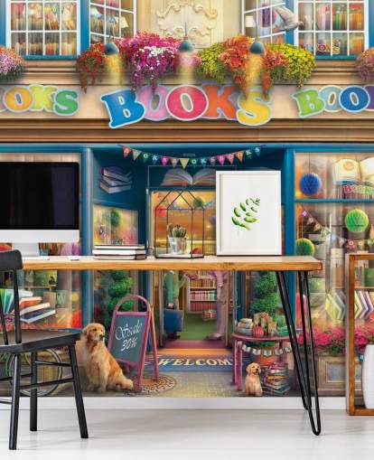 colourful custom bygone era wallpaper mural called Books Books Books by Eduard for care homes and libraries colourful custom bygone era wallpaper mural called Books Books Books by Eduard for care homes and libraries
