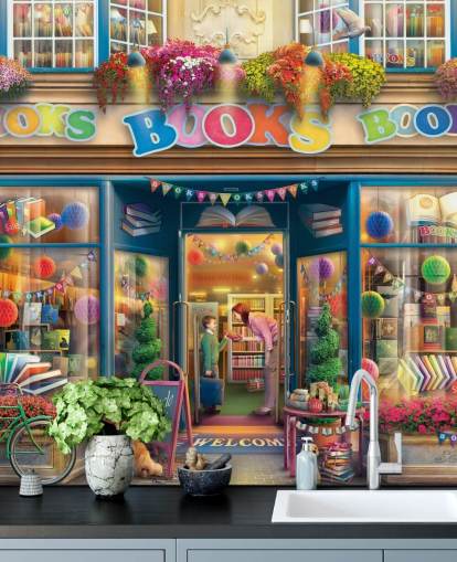 colorful custom bygone era wallpaper mural called Books Books Books by Eduard for care homes and libraries
