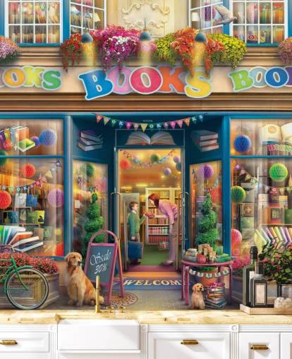 colourful custom bygone era wallpaper mural called Books Books Books by Eduard for care homes and libraries