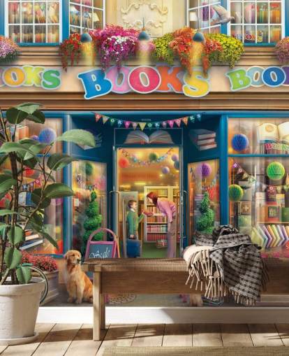 colourful custom bygone era wallpaper mural called Books Books Books by Eduard for care homes and libraries