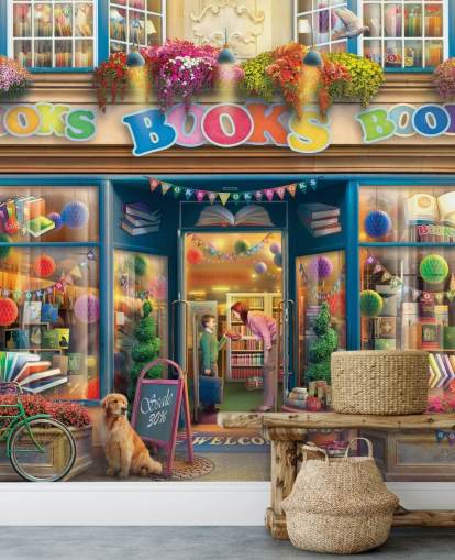 colourful custom bygone era wallpaper mural called Books Books Books by Eduard for care homes and libraries