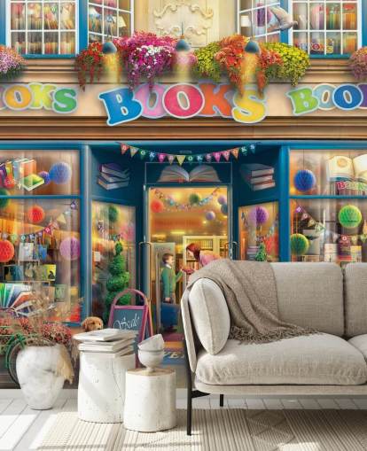 colorful custom bygone era wallpaper mural called Books Books Books by Eduard for care homes and libraries