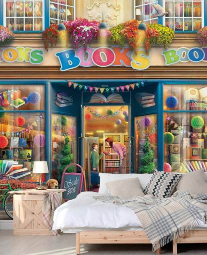 colourful custom bygone era wallpaper mural called Books Books Books by Eduard for care homes and libraries