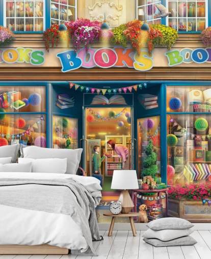 colorful custom bygone era wallpaper mural called Books Books Books by Eduard for care homes and libraries
