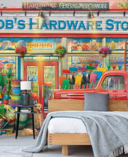 colorido mural de papel pintado personalizado para fachadas llamado Bob's Hardware Shop de Eduard para residencias de ancianos
