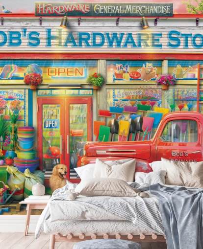colorful custom facade wallpaper mural called Bob's Hardware Shop by Eduard for care homes colorful custom facade wallpaper mural called Bob's Hardware Shop by Eduard for care homes