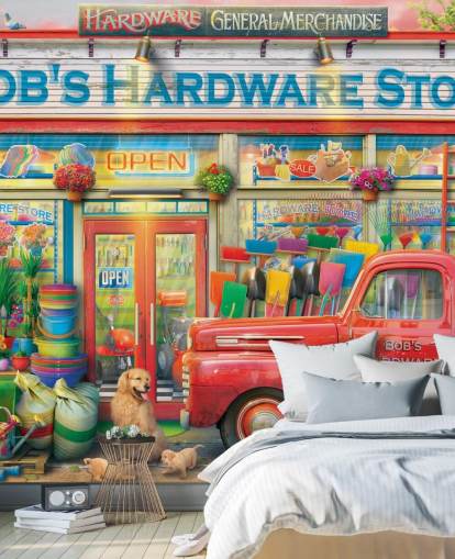colourful custom facade wallpaper mural called Bob's Hardware Shop by Eduard for care homes colourful custom facade wallpaper mural called Bob's Hardware Shop by Eduard for care homes