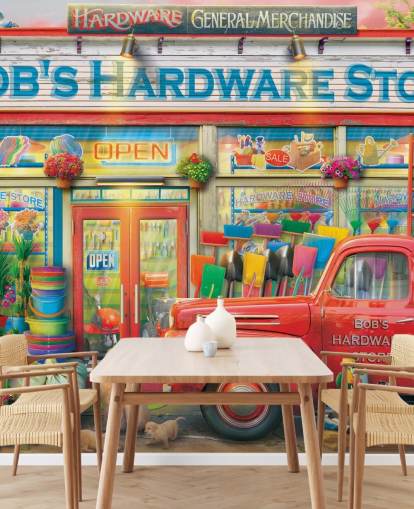 colourful custom facade wallpaper mural called Bob's Hardware Shop by Eduard for care homes