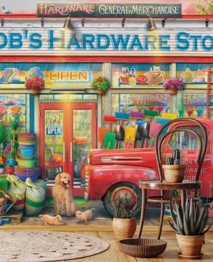 colorful custom facade wallpaper mural called Bob's Hardware Shop by Eduard for care homes