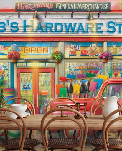 colourful custom facade wallpaper mural called Bob's Hardware Shop by Eduard for care homes colourful custom facade wallpaper mural called Bob's Hardware Shop by Eduard for care homes