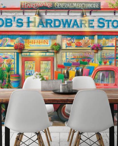 farbenfrohes, maßgefertigtes Fassadentapetenwandbild namens Bob's Hardware Shop von Eduard für Pflegeheime