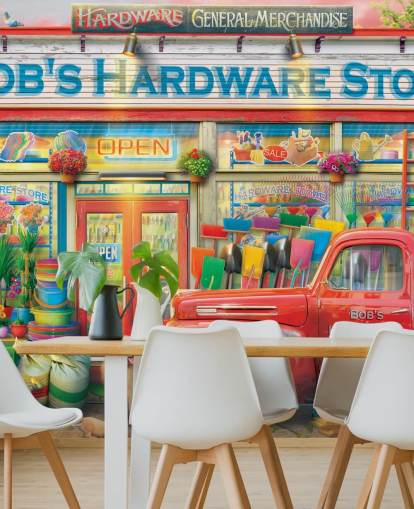 colourful custom facade wallpaper mural called Bob's Hardware Shop by Eduard for care homes