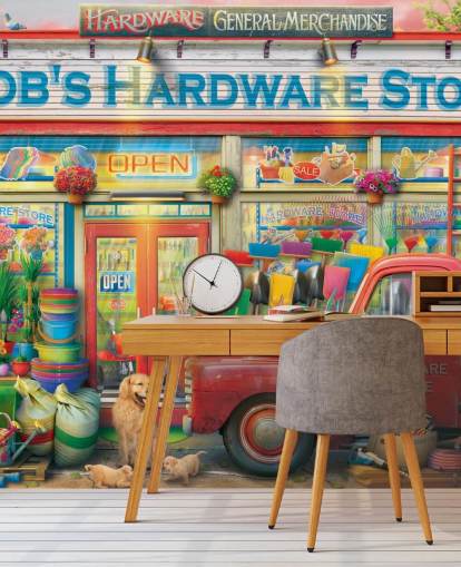 colourful custom facade wallpaper mural called Bob's Hardware Shop by Eduard for care homes