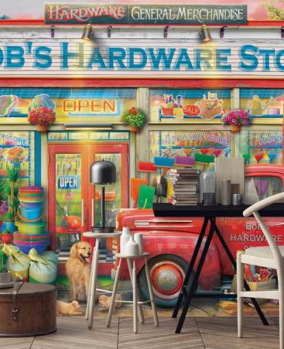 farbenfrohes, maßgefertigtes Fassadentapetenwandbild namens Bob's Hardware Shop von Eduard für Pflegeheime