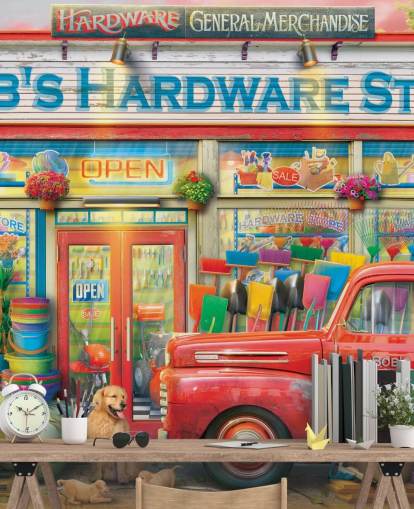 färgglad anpassad fasadtapet väggmålning som heter Bob's Hardware Shop av Eduard för vårdhem