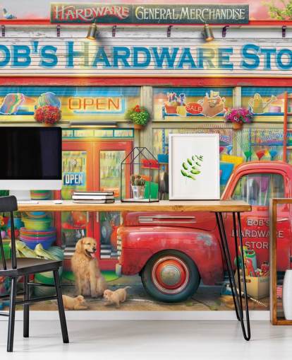 colourful custom facade wallpaper mural called Bob's Hardware Shop by Eduard for care homes