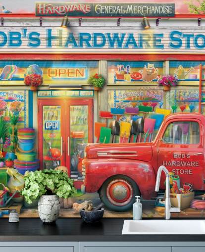 colorful custom facade wallpaper mural called Bob's Hardware Shop by Eduard for care homes colorful custom facade wallpaper mural called Bob's Hardware Shop by Eduard for care homes