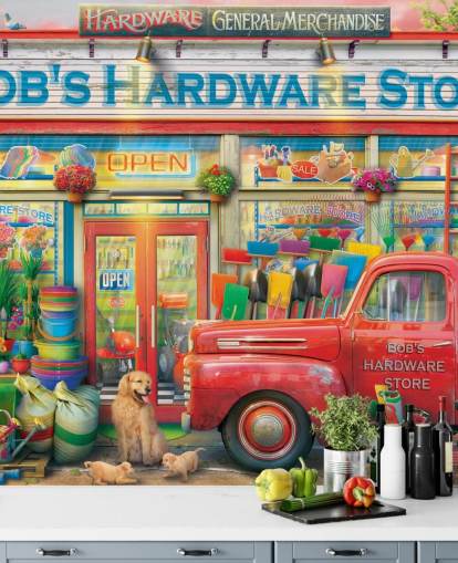 colorido mural de papel pintado personalizado para fachadas llamado Bob's Hardware Shop de Eduard para residencias de ancianos