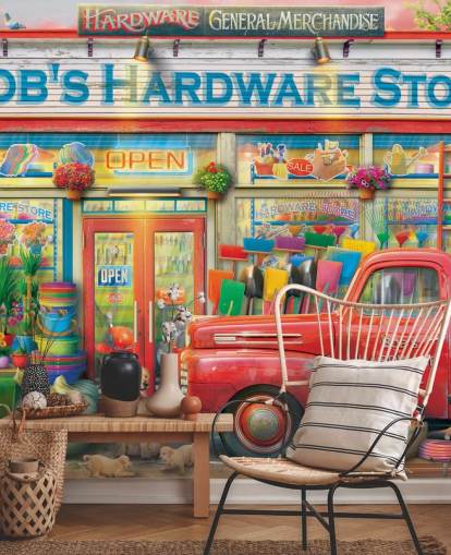 kleurrijke gevelbehangmuurschildering op maat genaamd Bob's Hardware Shop van Eduard voor verzorgingstehuizen kleurrijke gevelbehangmuurschildering op maat genaamd Bob's Hardware Shop van Eduard voor verzorgingstehuizen