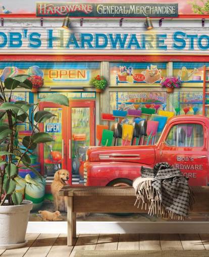 colorido mural de papel pintado personalizado para fachadas llamado Bob's Hardware Shop de Eduard para residencias de ancianos colorido mural de papel pintado personalizado para fachadas llamado Bob's Hardware Shop de Eduard para residencias de ancianos