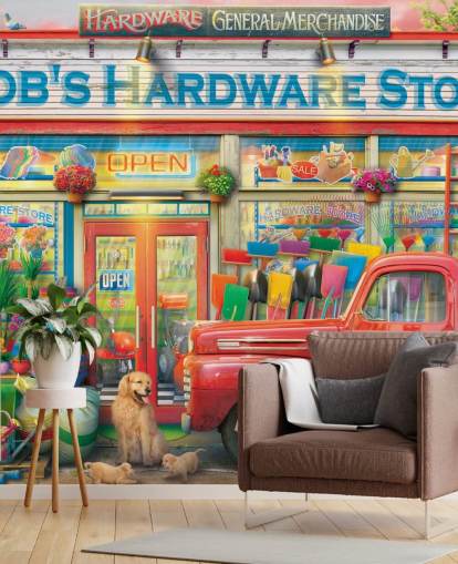 värikäs mukautettu julkisivutapettiseinämaalaus nimeltä Bob's Hardware Shop by Eduard hoivakodeille