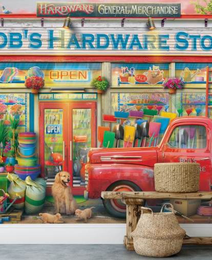 colourful custom facade wallpaper mural called Bob's Hardware Shop by Eduard for care homes