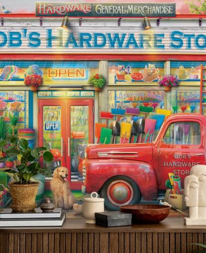 colourful custom facade wallpaper mural called Bob's Hardware Shop by Eduard for care homes colourful custom facade wallpaper mural called Bob's Hardware Shop by Eduard for care homes