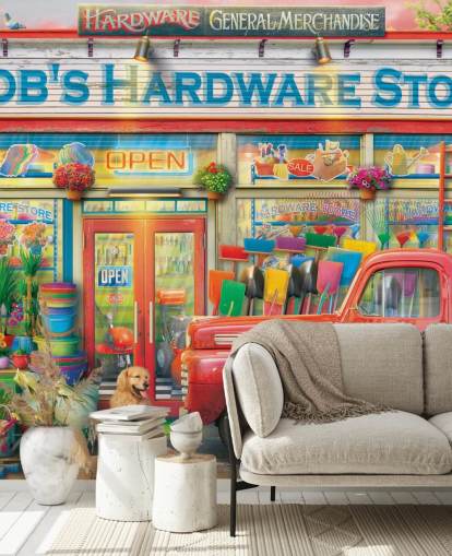 colorido mural de papel pintado personalizado para fachadas llamado Bob's Hardware Shop de Eduard para residencias de ancianos