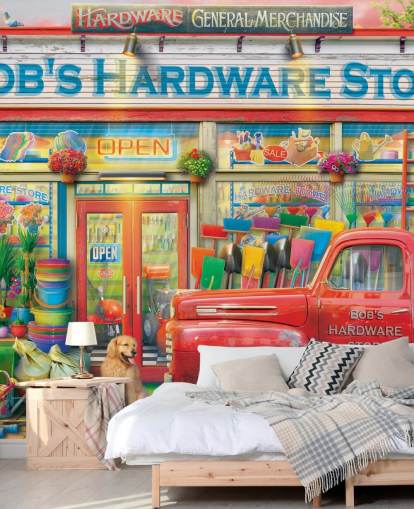 färgglad anpassad fasadtapet väggmålning som heter Bob's Hardware Shop av Eduard för vårdhem färgglad anpassad fasadtapet väggmålning som heter Bob's Hardware Shop av Eduard för vårdhem