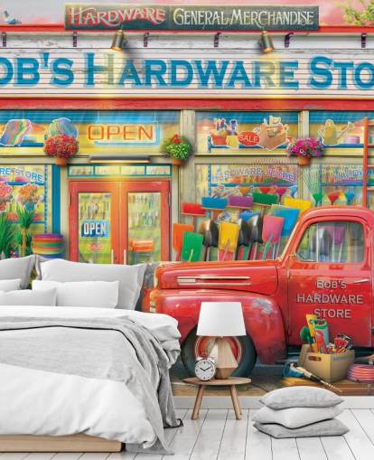 colourful custom facade wallpaper mural called Bob's Hardware Shop by Eduard for care homes