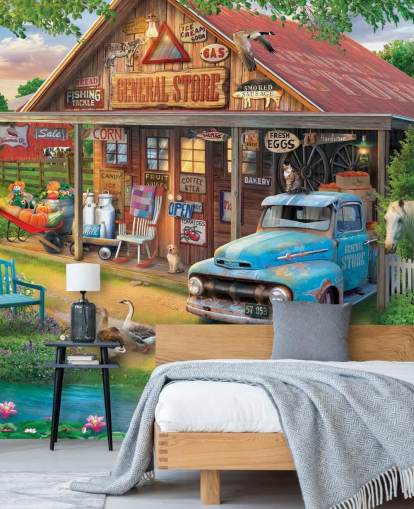 colorful customizable bygone era wallpaper mural called Country Store by Eduard for care homes
