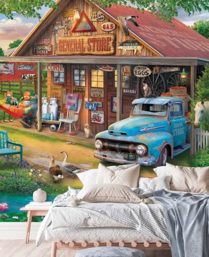 mural colorido y personalizable de papel pintado de una época pasada llamado Country Store de Eduard para residencias de ancianos