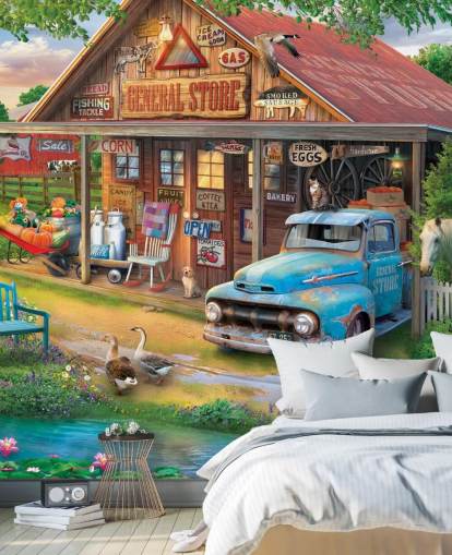 colourful customisable bygone era wallpaper mural called Country Store by Eduard for care homes