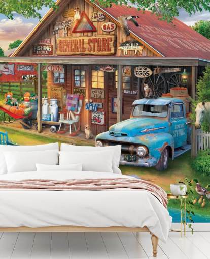 colorful customizable bygone era wallpaper mural called Country Store by Eduard for care homes