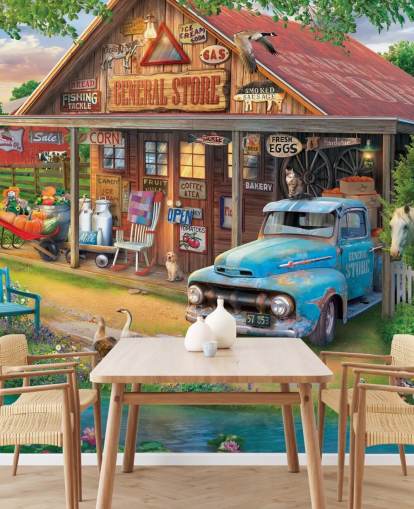 papier peint mural coloré et personnalisable d'époque révolue appelé Country Store par Eduard pour les maisons de retraite
