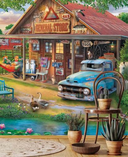 Buntes personalisierbares Tapeten-Wandbild aus vergangenen Zeiten namens Country Store von Eduard für Pflegeheime