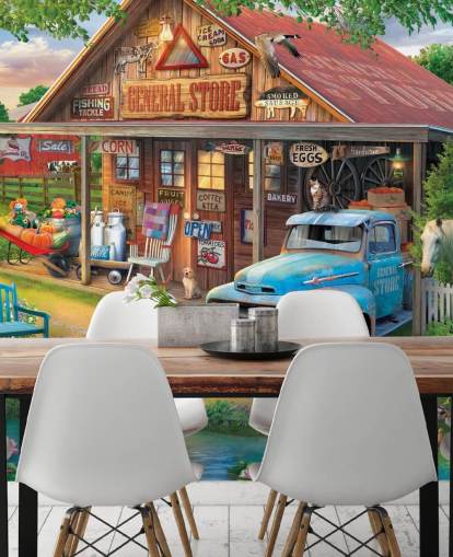 mural colorido y personalizable de papel pintado de una época pasada llamado Country Store de Eduard para residencias de ancianos