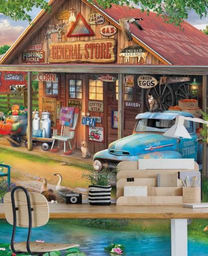 mural colorido y personalizable de papel pintado de una época pasada llamado Country Store de Eduard para residencias de ancianos