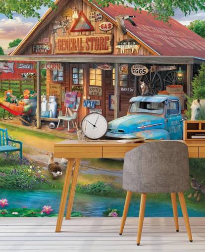 colorful customizable bygone era wallpaper mural called Country Store by Eduard for care homes